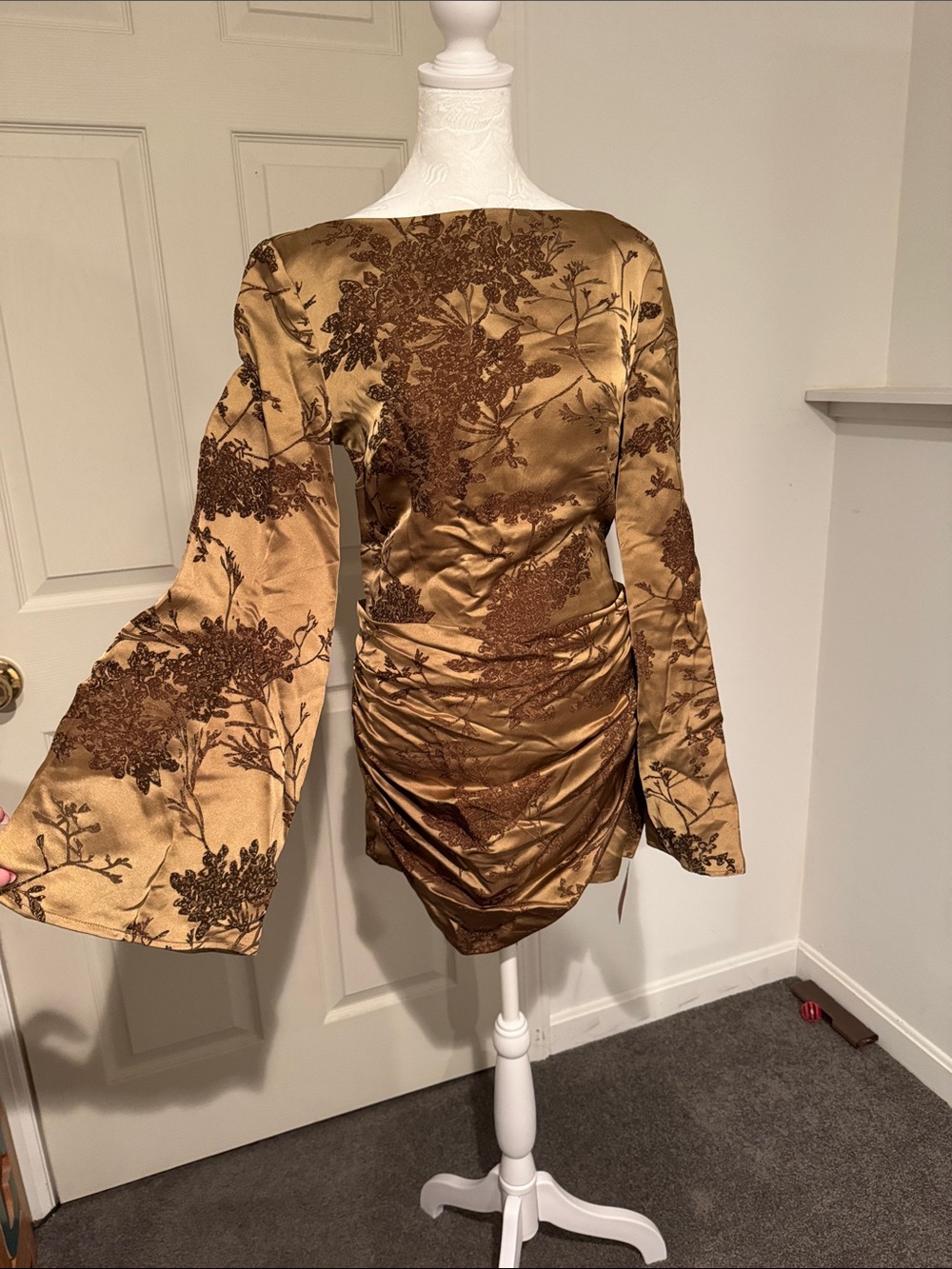 PrettyLittleThing Bronze Floral Satin Ruched Mini Dress with Bell Sleeves